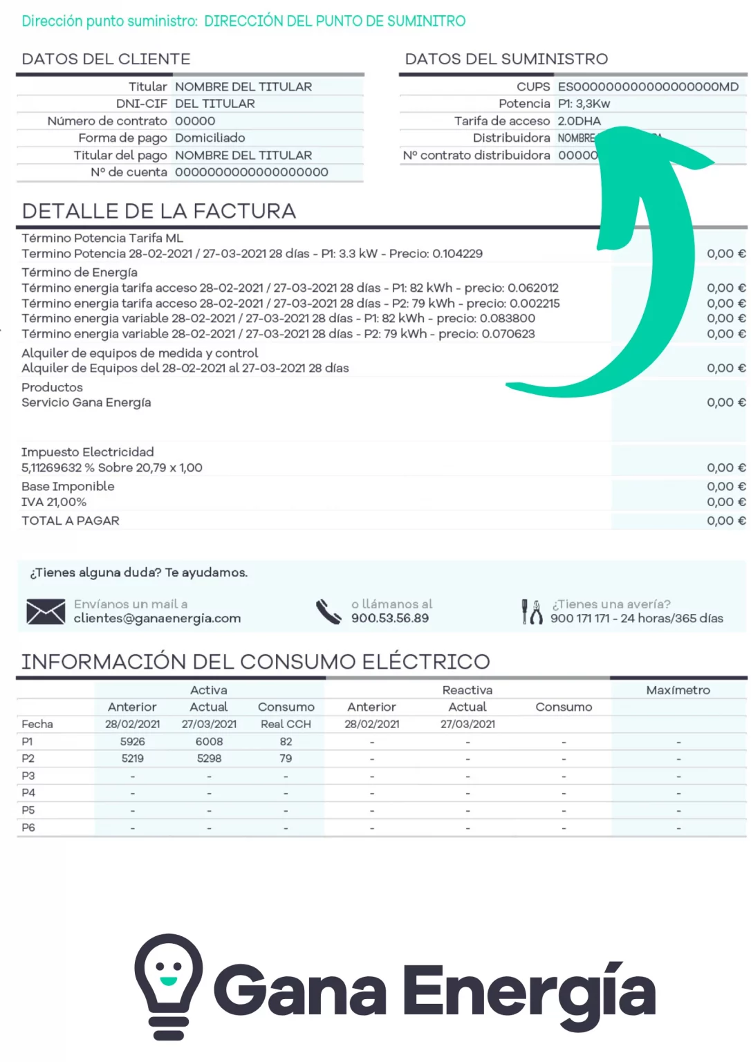 Ejemplo de factura de Gana Energía
