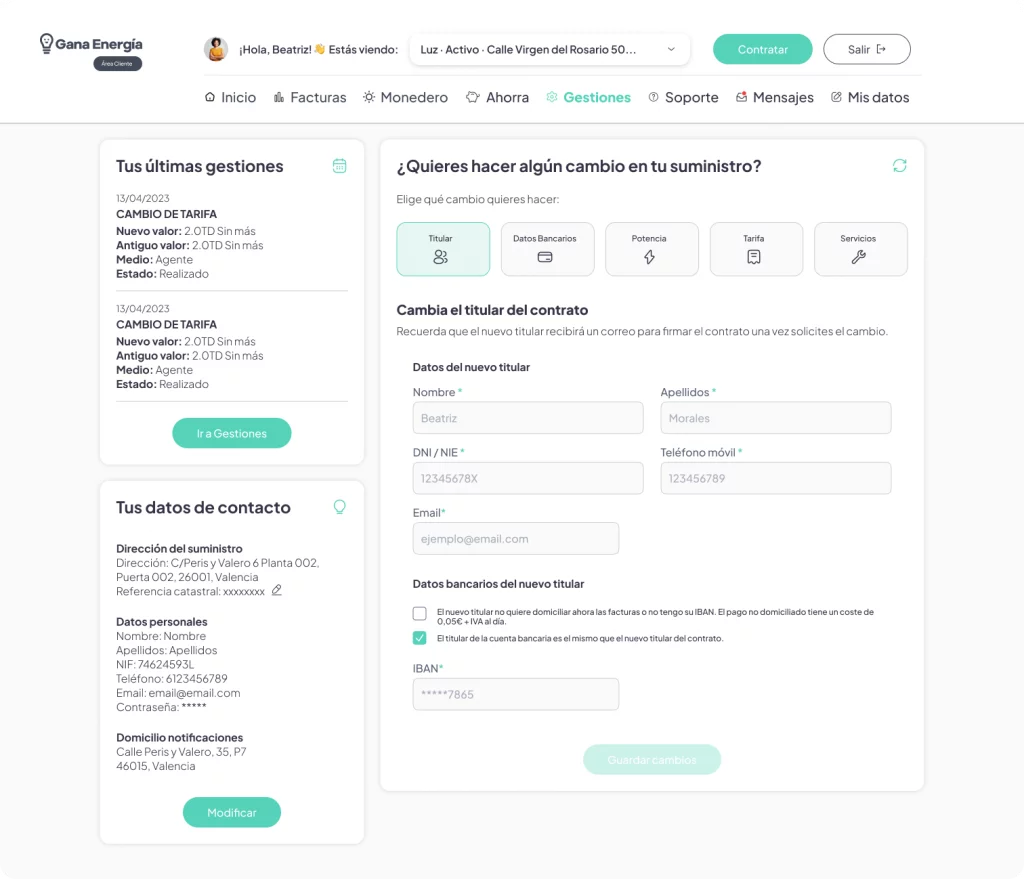 cambiar titular gana energia area cliente