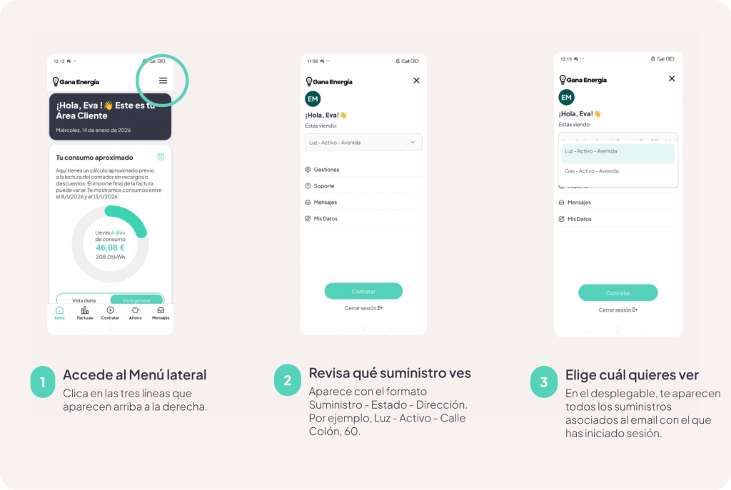 cómo consultar mis suministros en la app de gana energía